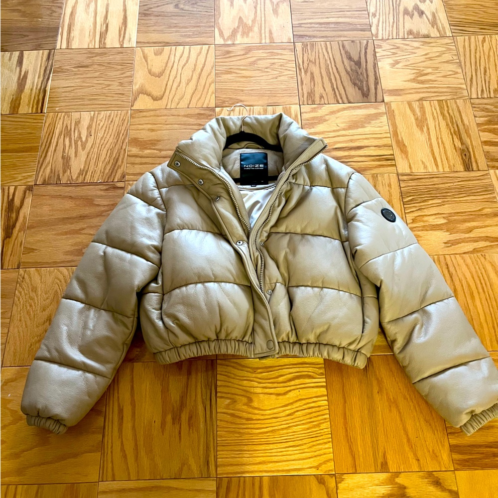 Noize vegan cropped leather bomber jacket in a Sand color.